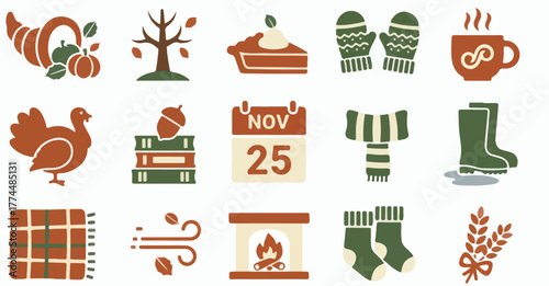 Cozy autumn icons: Thanksgiving, harvest, and winter warmth.