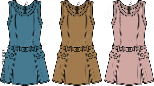 Stylish sleeveless dresses in various colors with a belt and pockets perfect for fashion design and apparel