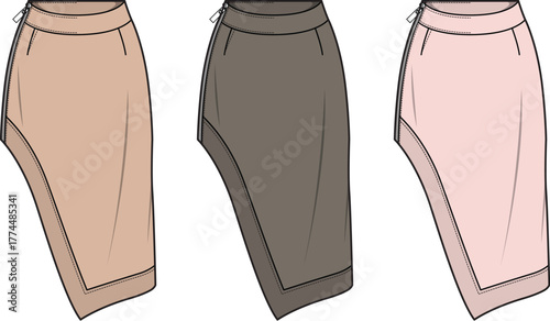 Elegant asymmetrical midi skirt designs presented in a harmonious palette of neutral colors, showcasing detailed fashion illustration flats for contemporary apparel concepts