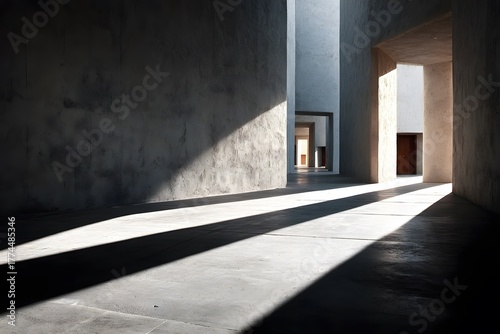 Architectural shadows in a concrete space, highlighting modern design, geometry, and spatial aesthetics.