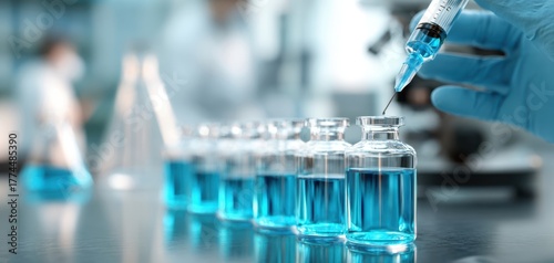 The Vaccine Vials and Syringe Preparing Blue Liquid in a Laboratory Environment