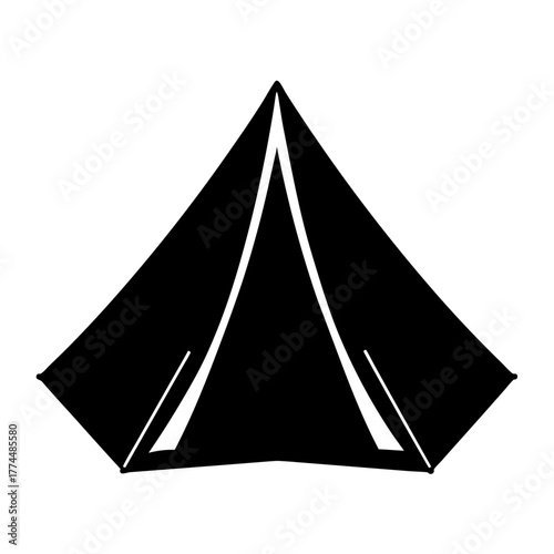 A stylized black and white image of a pyramid tent structure