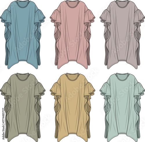 Collection of technical flat fashion drawings for a women's flowy kaftan dress with ruffle sleeves, shown in a variety of pastel colorways