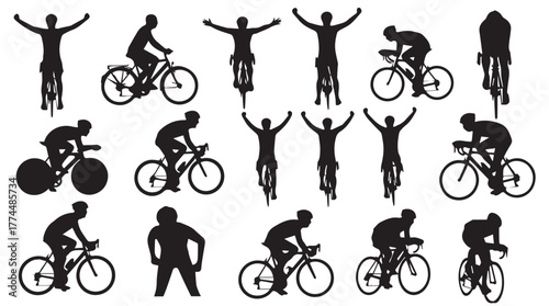 Black vector silhouettes set of cyclists riding bicycles, racing, and celebrating victory isolated on white
