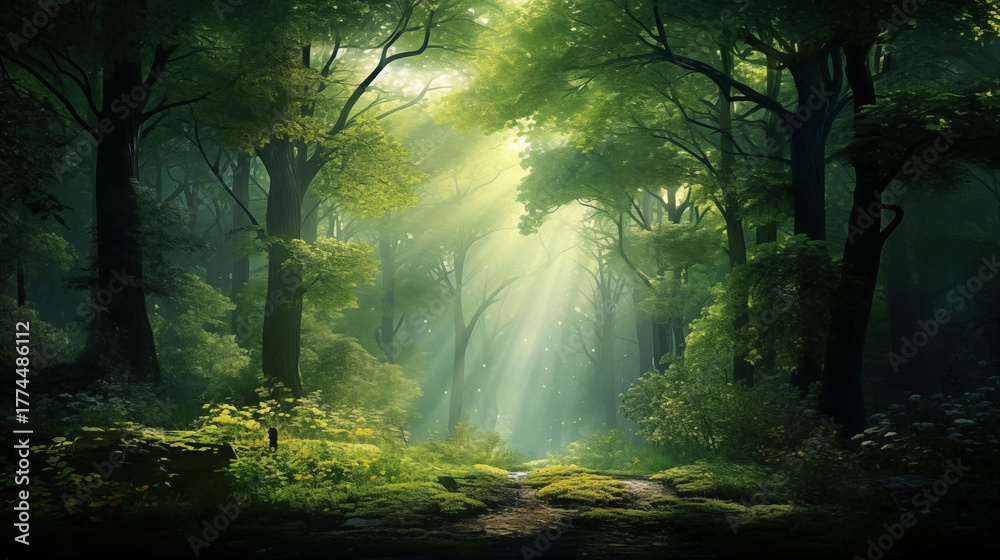 Obraz premium forest background with soft light filtering through trees