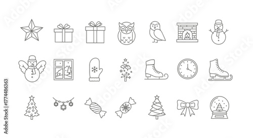 Set of festive icons for Christmas and Winter themes, outlines style