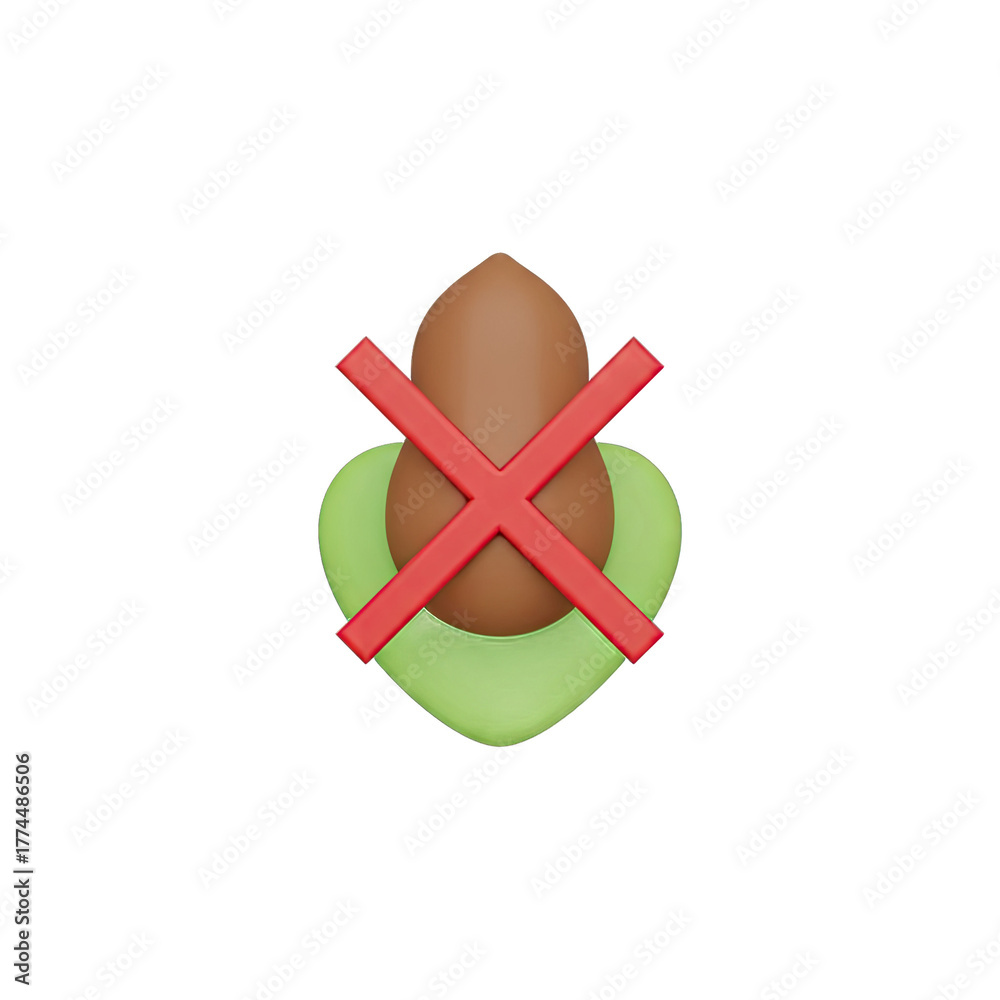 Fototapeta premium A 3D Rendered Brown Almond Shape With A Red Cross Symbol Over A Green Leaf Shape On A Transparent Background Indicating No Nuts