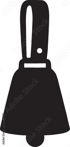 Cowbell silhouette hanging from leather strap, bold farm animal symbol vector design.