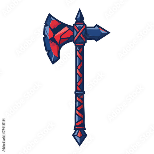 Medieval Battle Axe Illustration with Blue and Red Accents