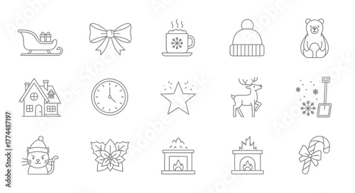 Festive Christmas Line Icons Sleigh, Bow, Mug, Bear, House, Clock, Star, Reindeer, Fireplace, Cat, Poinsettia and More