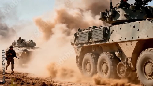 Armored Personnel Carriers Advancing Through Smoke on Battlefield