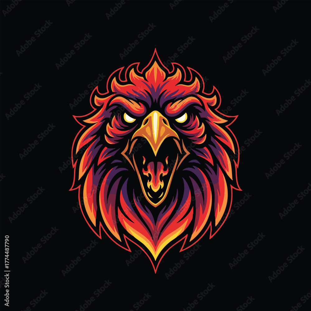 Obraz premium Majestic and fierce eagle head with fiery plumage, an aggressive bird of prey mascot illustration