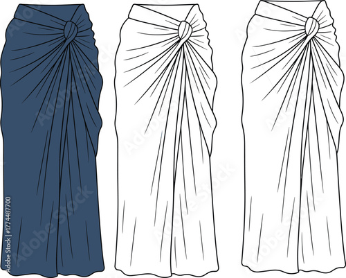 Vector illustration of draped sarong-style skirts with waist knot, pleated folds, and fabric flow for fashion design and garment construction