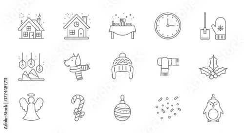 Collection of thin line Christmas and New Year outline vector icons. Celebration holiday symbols set