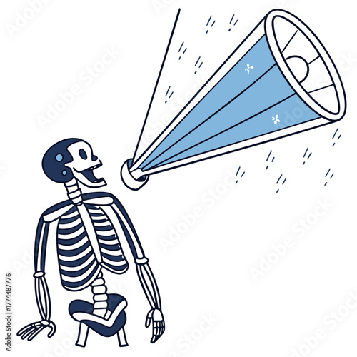 A cartoon skeleton is shouting into a megaphone with blue rain falling around