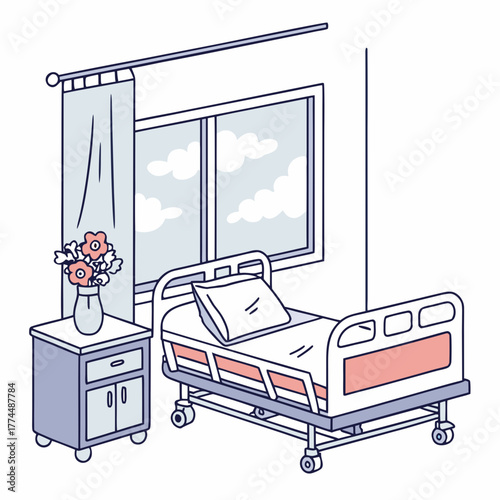 A clean hospital room with a bed bedside table flowers and a window showing clouds on a bright day