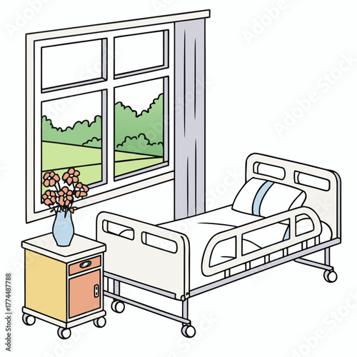 A clean hospital room with a bed bedside table and a window overlooking a green landscape with flowers in a vase