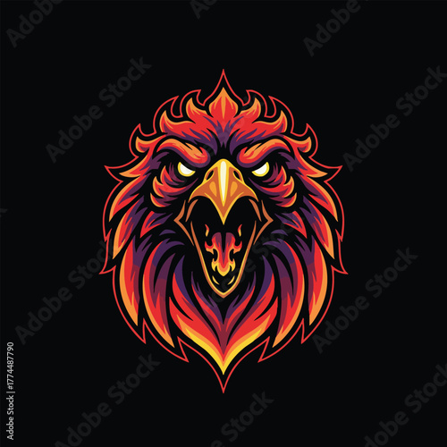Majestic and fierce eagle head with fiery plumage, an aggressive bird of prey mascot illustration