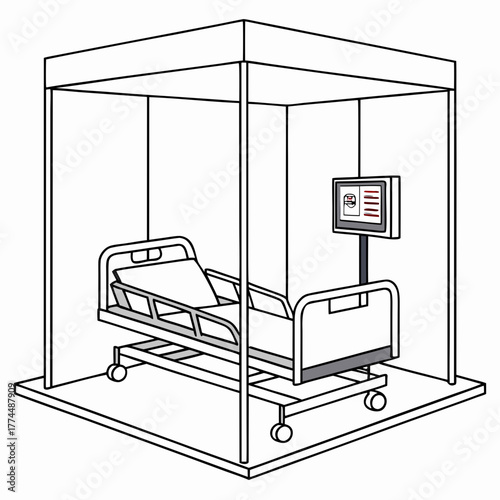 A simplified line art illustration of a hospital room featuring a medical bed with a monitor and a privacy curtain enclosure
