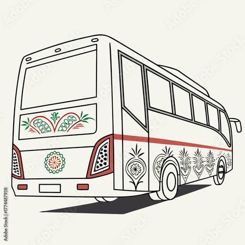 A stylized illustration of a white bus with decorative floral patterns and a red stripe viewed from the rear three quarter angle