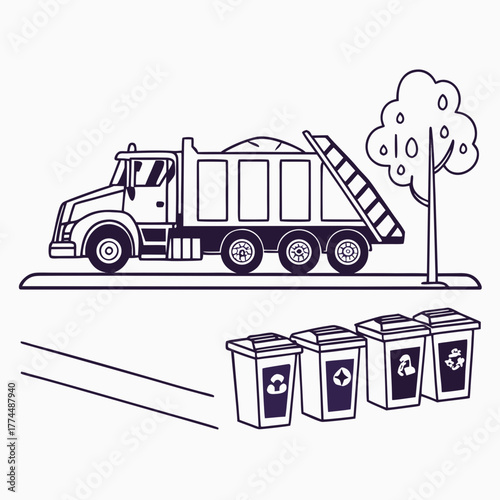 A stylized line art illustration of a garbage truck collecting bins next to a tree on a road symbolizing waste management and recycling efforts
