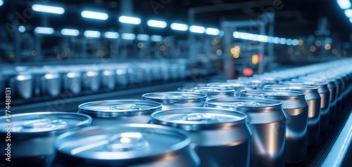 The cans on a high tech beverage production line under cool blue lighting