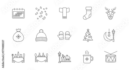 Winter Season Icon Set Calendar, Scarf, Stocking, Christmas Tree and More
