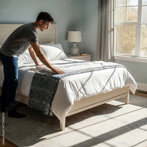 Man making bed in bedroom with natural light and window.
