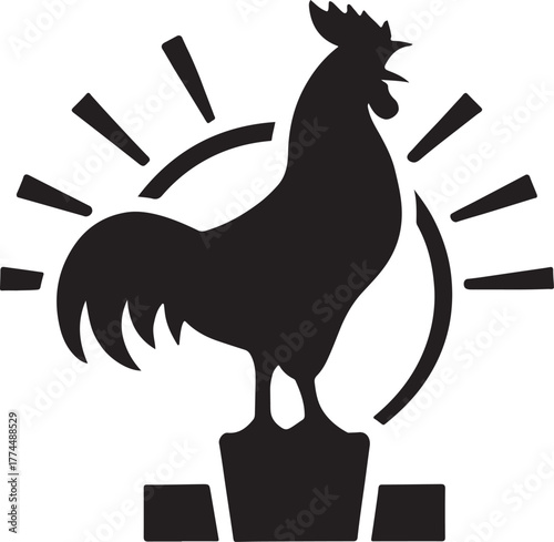 Rooster silhouette crowing on fence post, sunrise-inspired bold farm animal vector design.