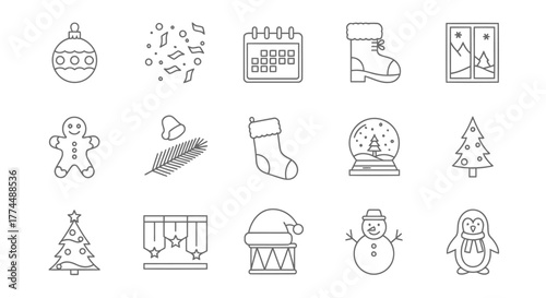 Festive Christmas Icons Ornament, Snowflakes, Calendar, Boot & More
