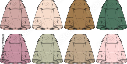 Concept illustration showcasing a historical array of crinoline undergarments, featuring eight distinct colored designs providing structural volume for period dresses and fashion