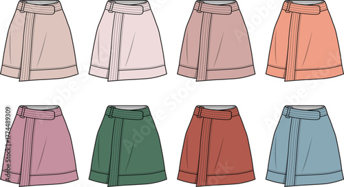 Detailed fashion flat sketches showcasing a versatile wrap skirt design in multiple color variations, perfect for apparel development, clothing design, and trend forecasting