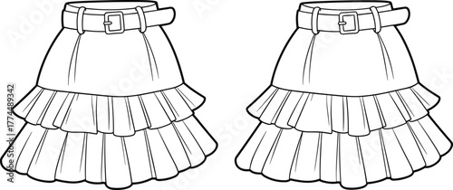 Vector CAD drawing of tiered ruffle skirts with belted waistband and layered silhouette for fashion design and garment illustration content