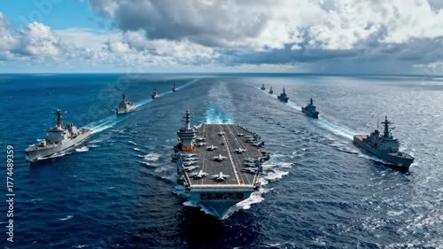 Aircraft Carrier Ship Battle Group Formation at Sea Military Naval