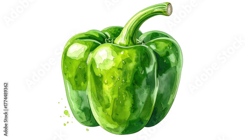 Lush, watercolor-style green bell pepper with a glossy surface. Detailed textures create a fresh, vivid look