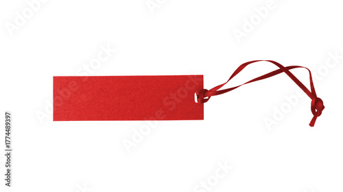 Blank dark red paper label , tag with ribbon isolated on white background with copy space.