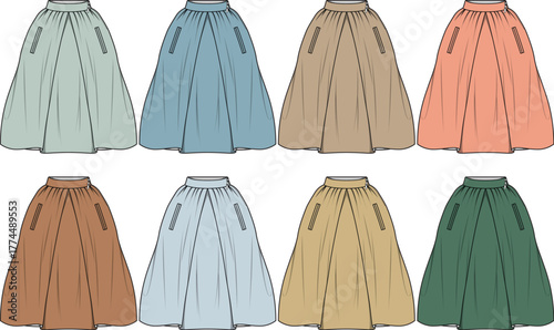 Collection of eight illustrated skirts in various colors and styles, showcasing fashion design elements for apparel