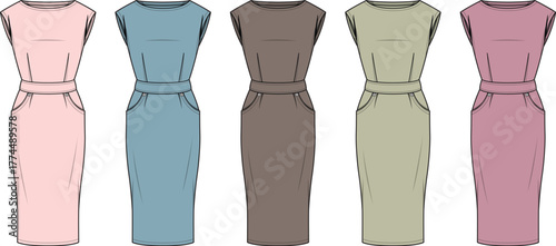 A collection of women's sleeveless midi dresses with a boat neck, belt, and pockets. Fashion technical flat sketch vector illustration template set in various color options