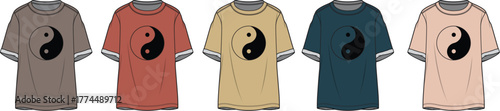 Collection of five casual t-shirts with yin-yang balance symbol print. Fashion design vector illustration for apparel mockups
