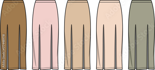 A row of five different colored midi skirts, each with a front slit detail, displayed against a white background