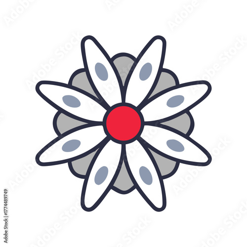 Simple flower icon with red center and petal design  