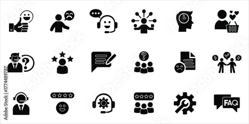 customer service icons set. customer, service, operator, help, experience, assistance and more. simple solid vector