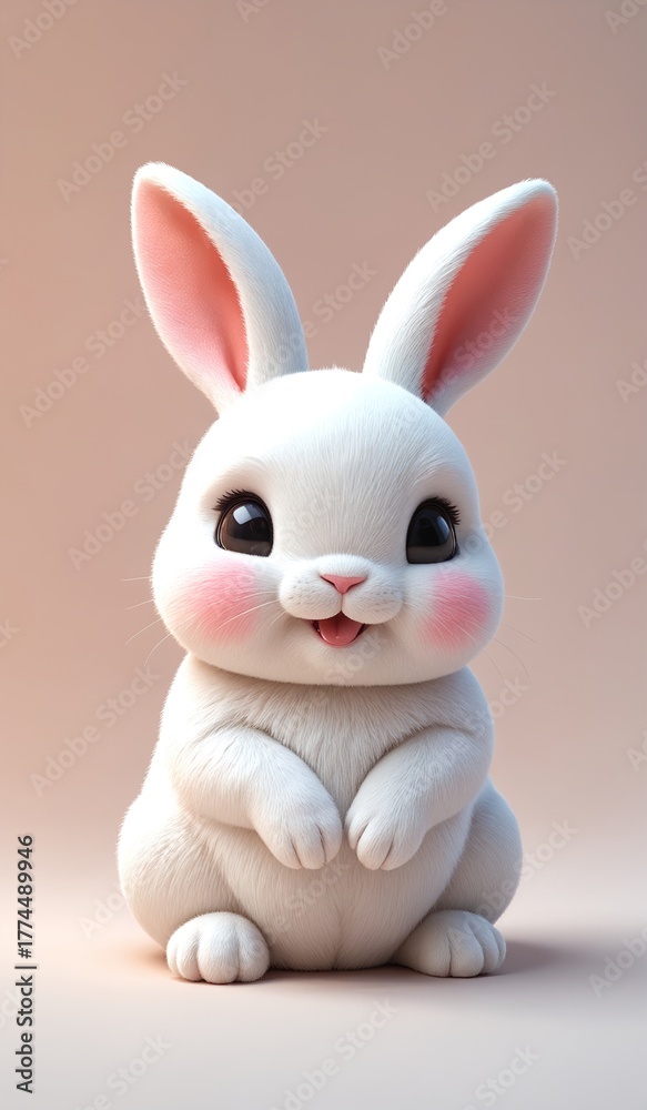 Obraz premium A cute, white cartoon bunny with large expressive eyes and pink inner ears sits adorably on its hind legs, smiling sweetly against a soft gray background.