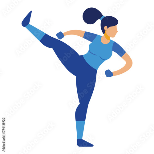 Athletic woman in blue activewear performing a high kick, isolated vector illustration