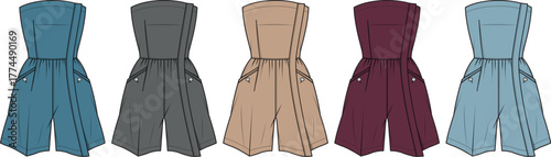 Fashion illustration concept showcasing a versatile sleeveless jumpsuit design in five distinct color variations, perfect for modern casual wear