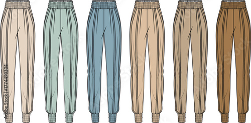 Collection of women's striped jogger pants with smocked high waist and cuffed ankles in various color options. Fashion technical flat sketch template
