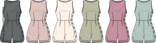 Set of women's sleeveless romper fashion flat technical sketches. Vector illustration of a playsuit with drawstring waist and side buttons in six different colorways