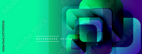 Abstract geometric shapes overlap, creating vibrant gradient effect. Turquoise, green, purple hues dominate design. Modern aesthetic.