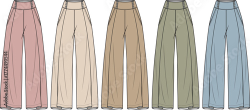 Collection of five wide-leg pants in various pastel colors, presented in a flat lay illustration