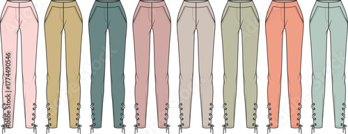 Collection of women's trousers in various pastel colors with decorative button details on the hem